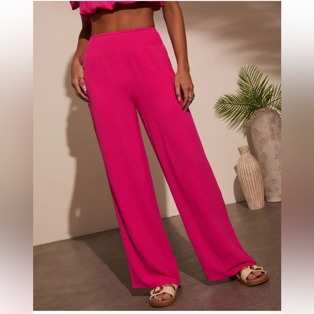 Vici Pink Smocked High Waist Wide Leg Pants